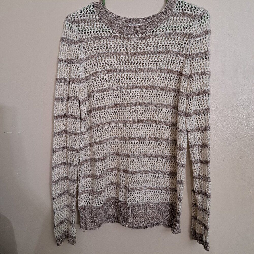 Xhilaration M Cream Striped Open Crochet Long Sleeve Knit Sweater